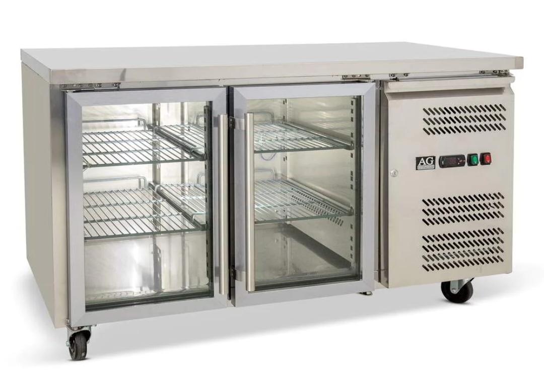 Stainless steel body 2 glass doors work top chillers with or without wheels high quality.