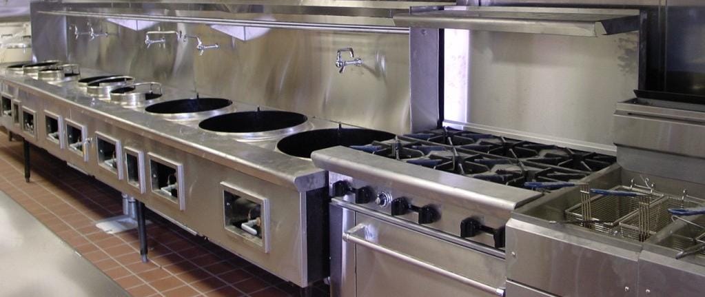 Hot line set up fryer, 6 burner cooking range, 8 burners high pressure Chinese woks