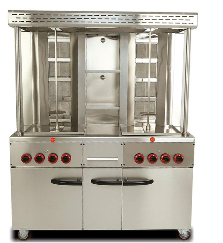 Double Shawerma machine with high pressure burners with base cabinet